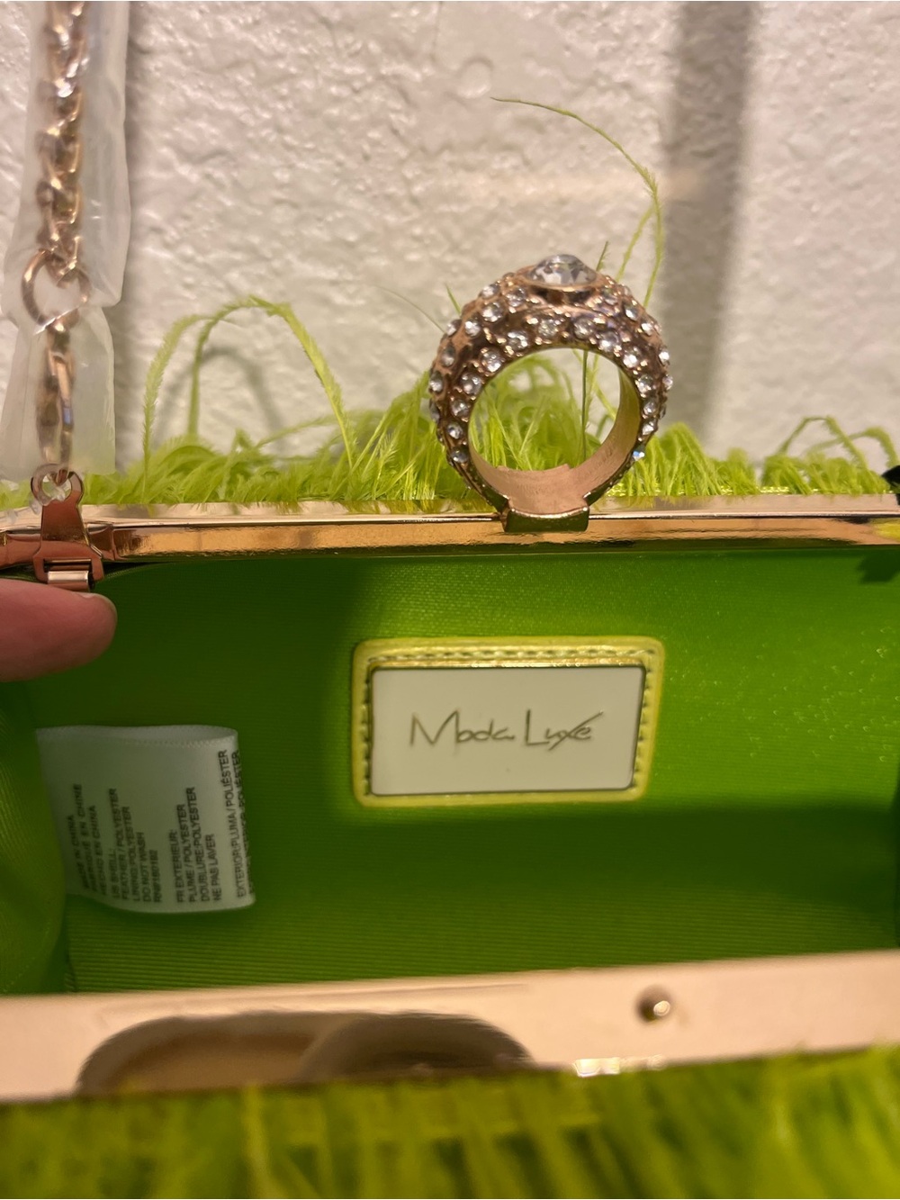 Sara Campbell Neon Lime Feather Shoulder Clutch with Chain - Picture 2 of 5